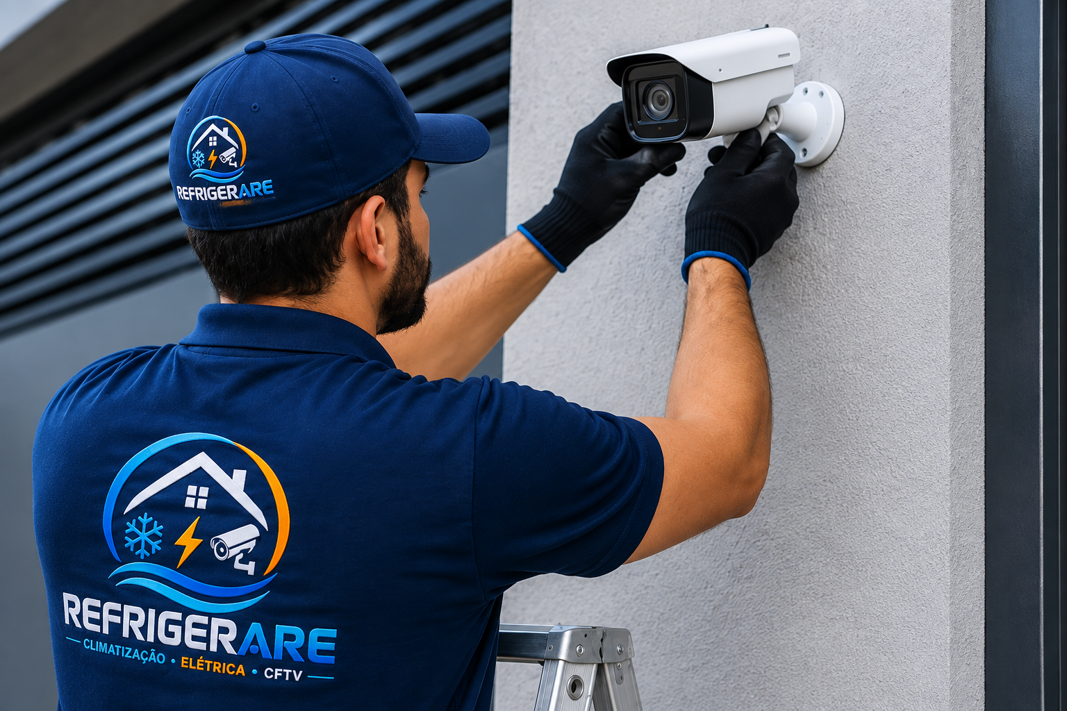 Técnico uniformizado da REFRIGERARE instalando câmera CFTV