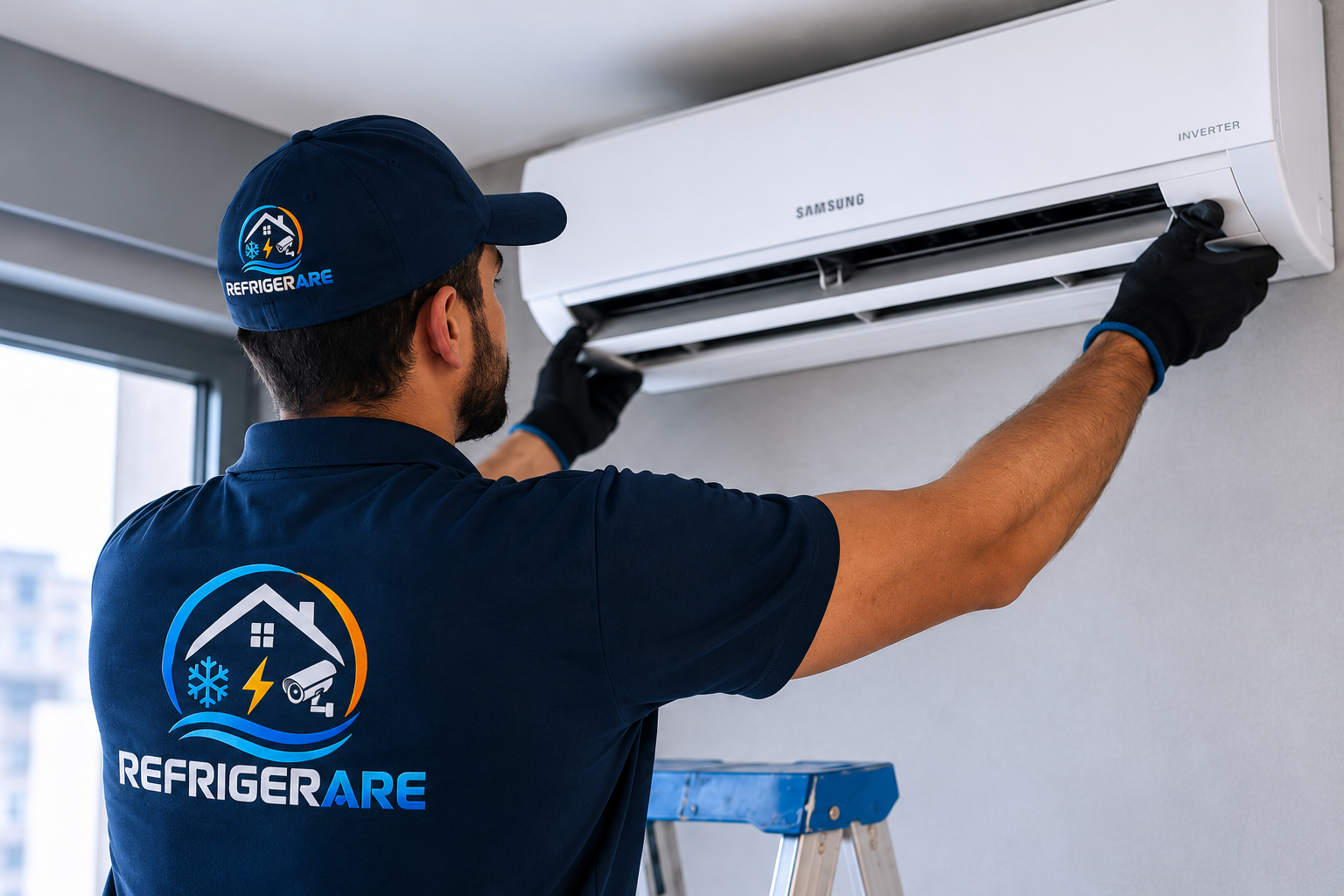 Técnico uniformizado da REFRIGERARE realizando instalação em ar-condicionado split