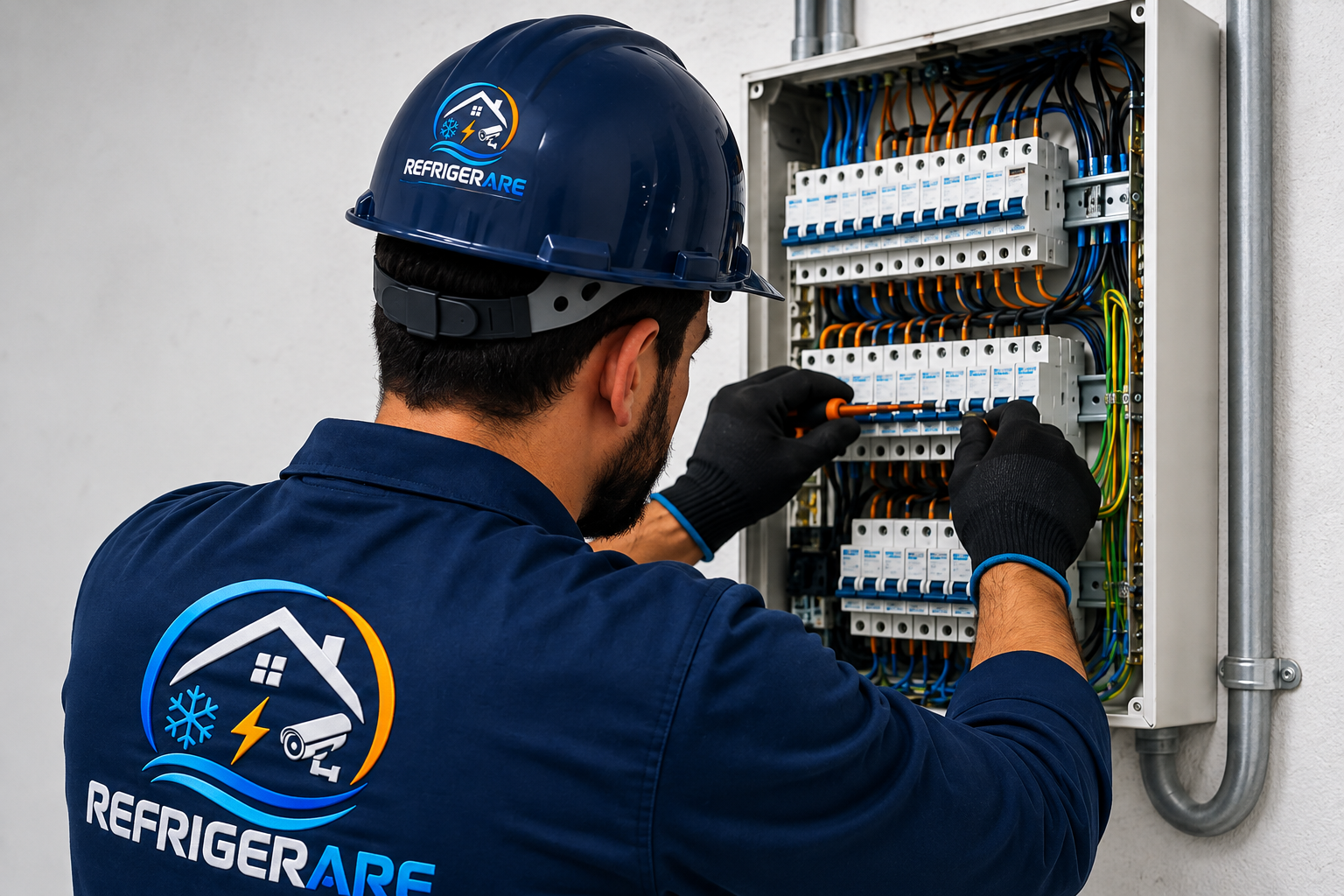 Eletricista uniformizado da REFRIGERARE realizando serviço em quadro de distribuição